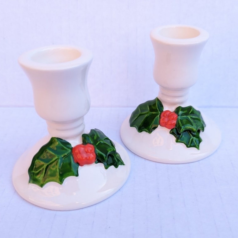 Vintage Lillian Vernon Christmas holly white candlestick holder pair